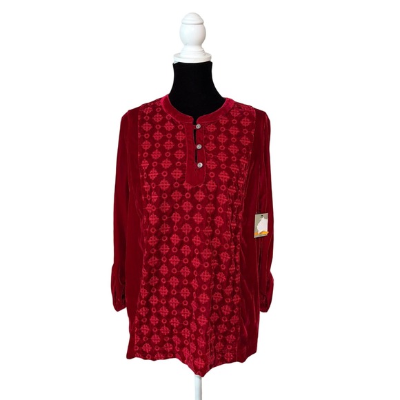 John Mark Tops - John Mark Red Velvet Embroidered Tunic Top Sm Roll Tab Sleeve Boho Boutique NWT